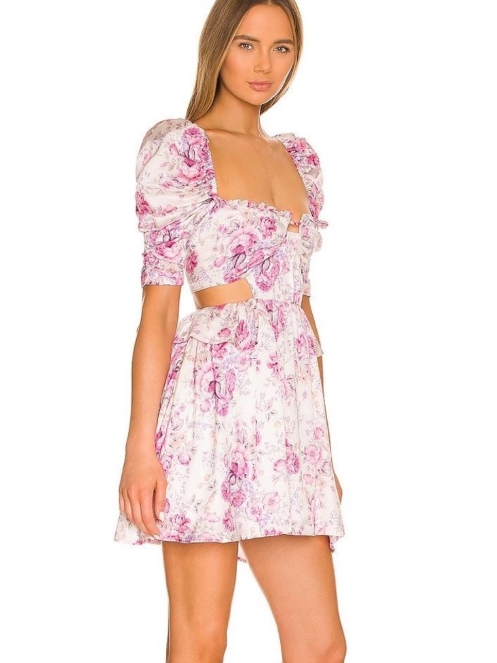 For Love & Lemons Lucia Pink Floral Cutout Puff-Sleeve Mini Dress